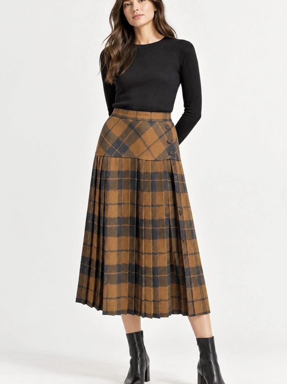 Louben Pure Virgin Wool Brown Plaid Pleated Midi Skirt Made in Canada
